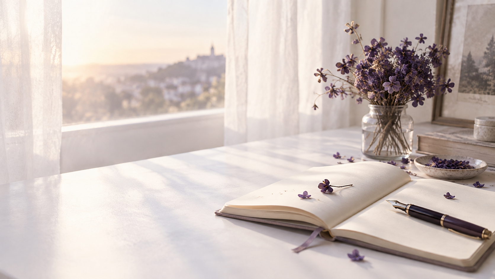 Carnet ouvert, plume et fleurs violettes dans la lumière du matin
