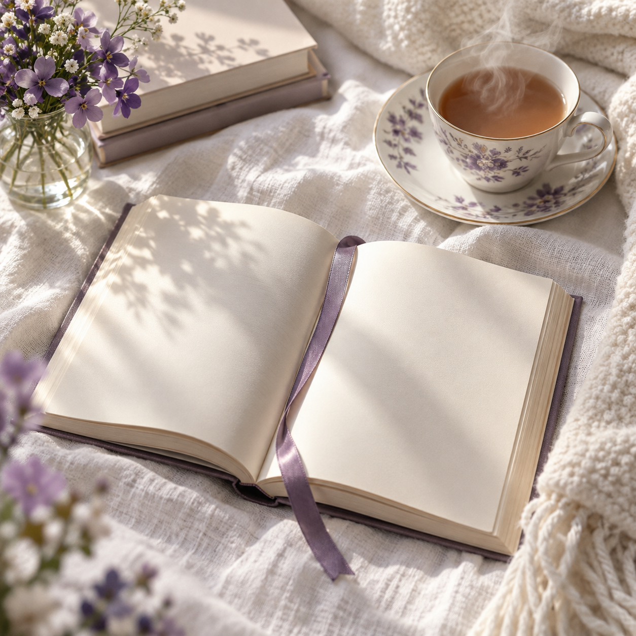 Livre ouvert, thé et fleurs violettes