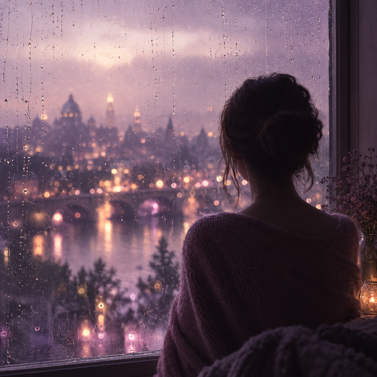 Silhouette devant une fenêtre un soir de pluie