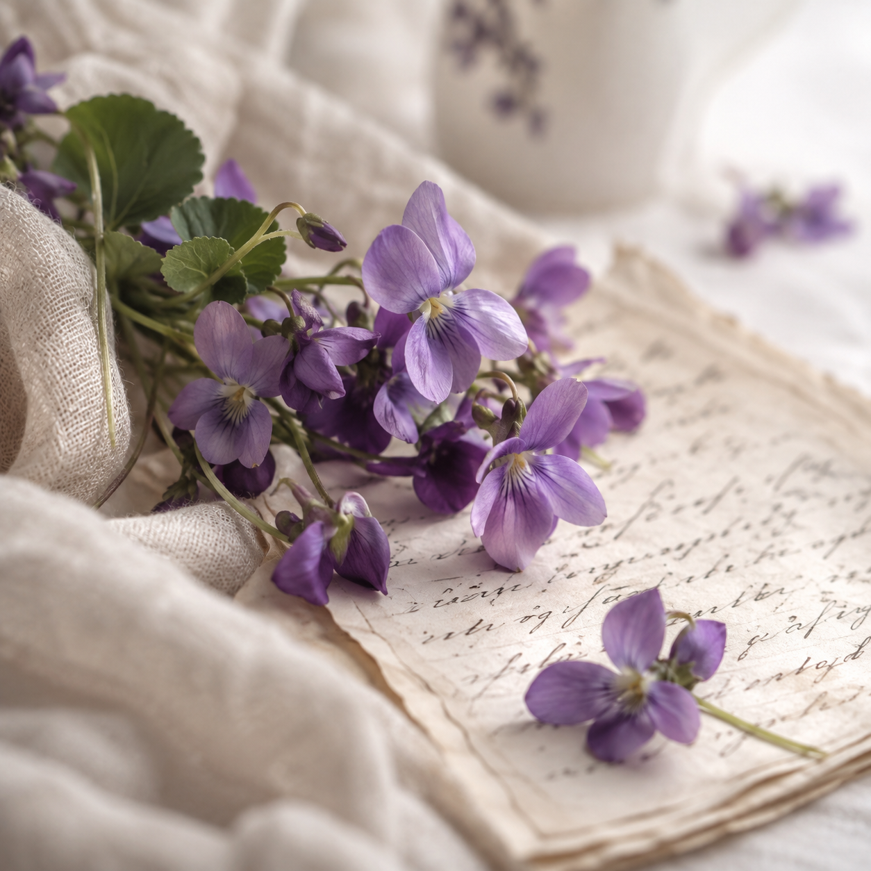 Violettes posées sur un manuscrit